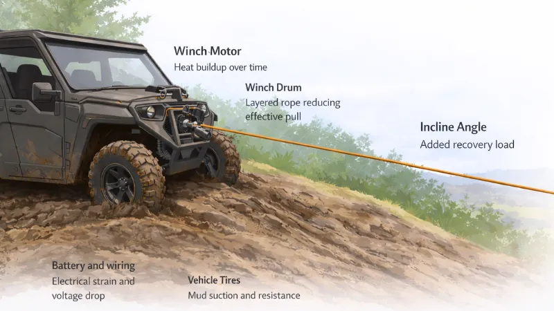 UTV winching under real off-road recovery conditions