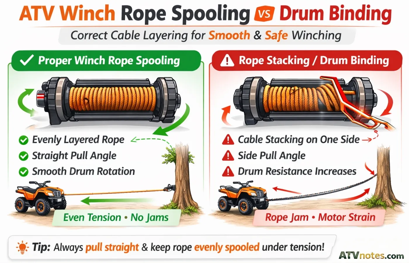 ATV winch rope spooling vs drum binding