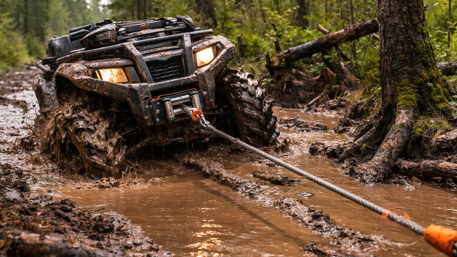 ATV winch recovery on muddy trail using tree anchor strap
