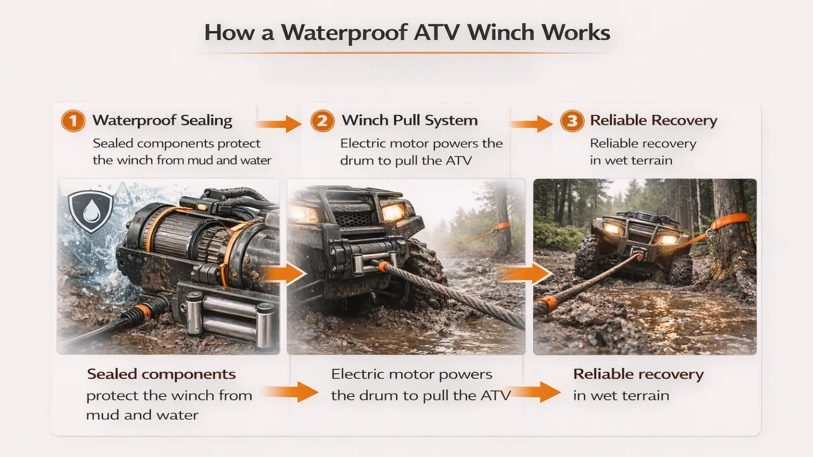 how a waterproof ATV winch works system overview infographic