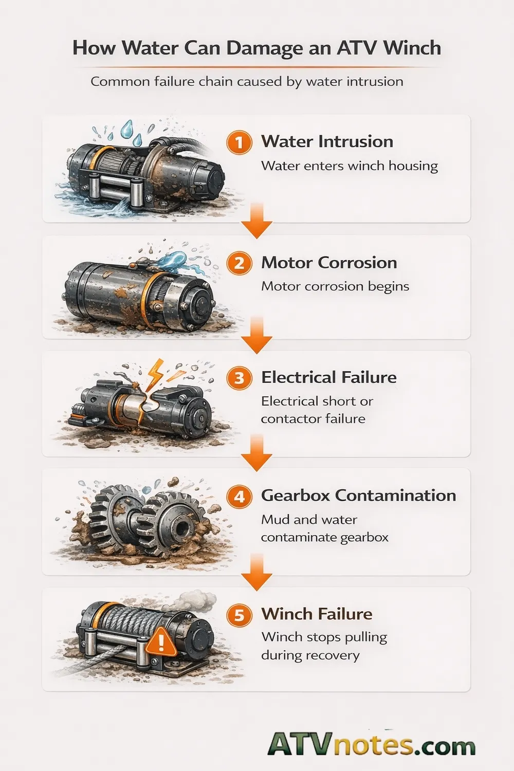 infographic showing how water damages an ATV winch motor and gearbox