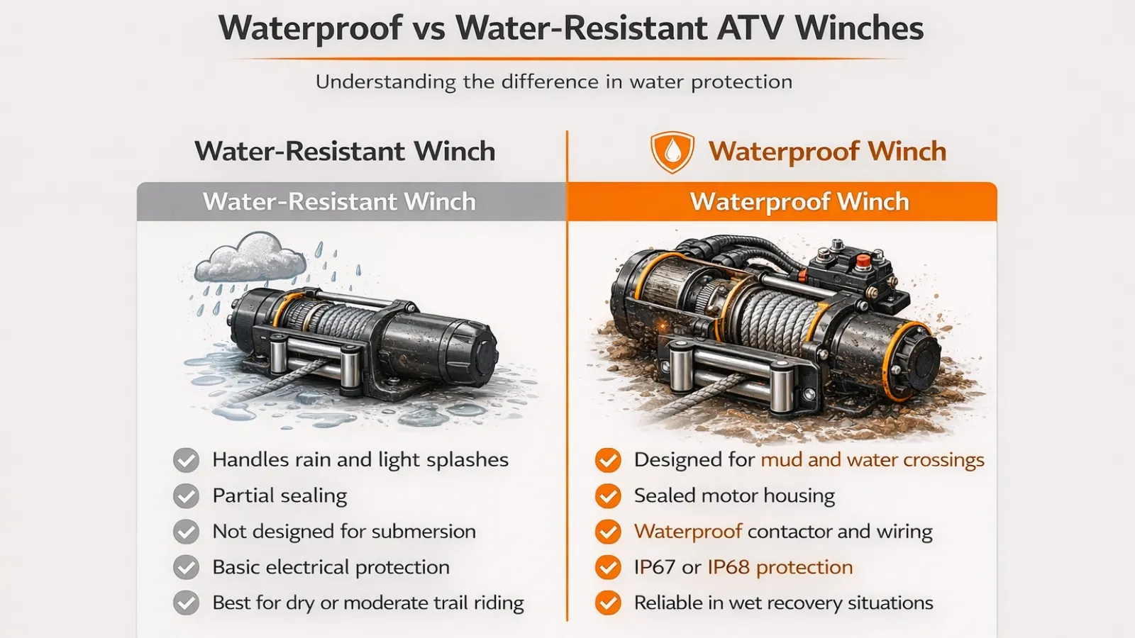 waterproof vs water resistant ATV winch comparison infographic