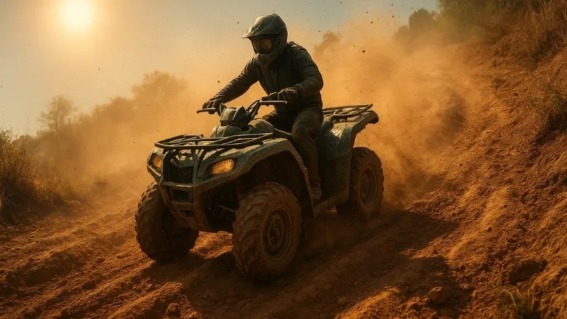 ATV climbing a steep muddy trail under hot sun