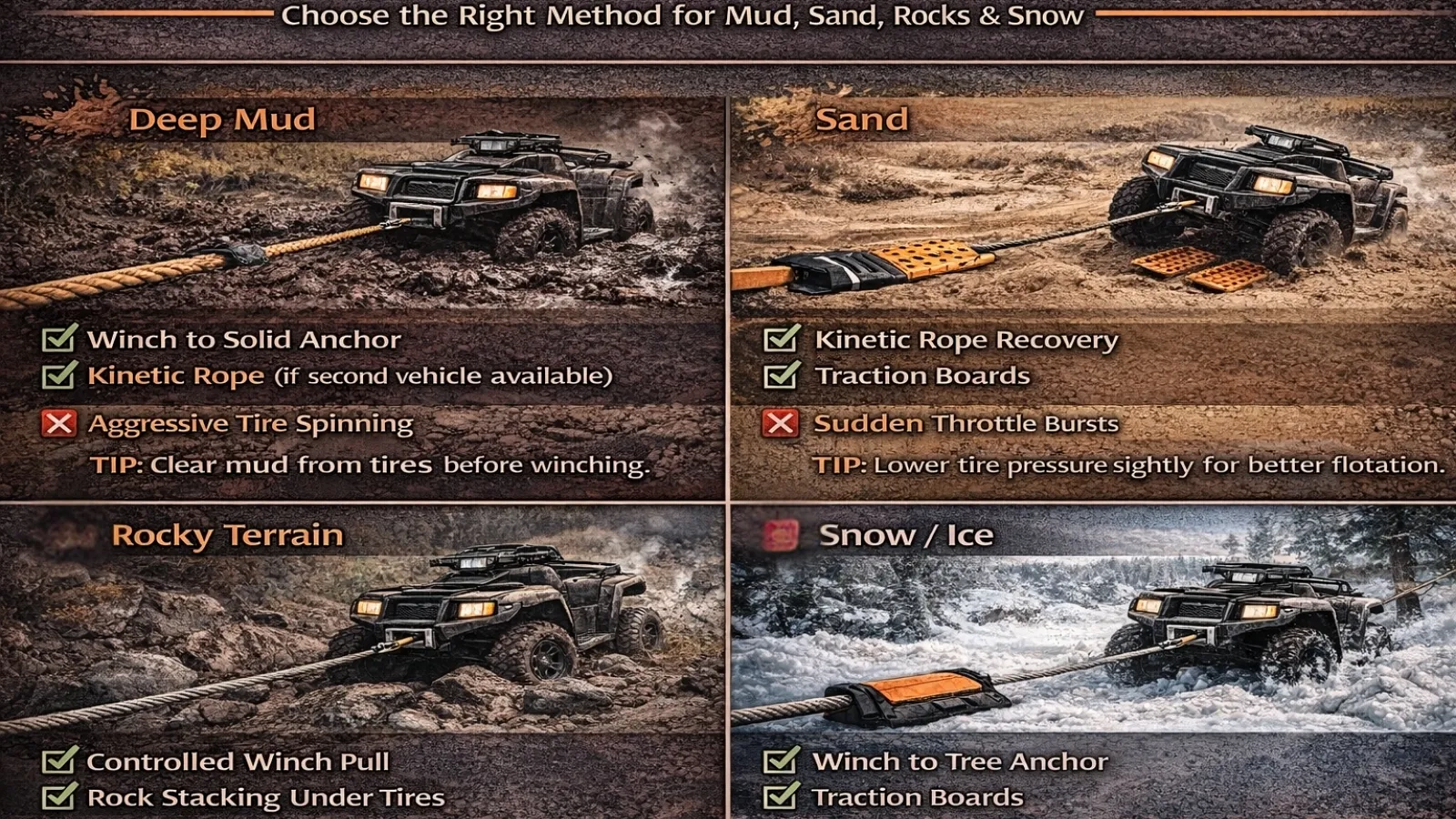 ATV recovery by terrain mud sand rocks snow guide
