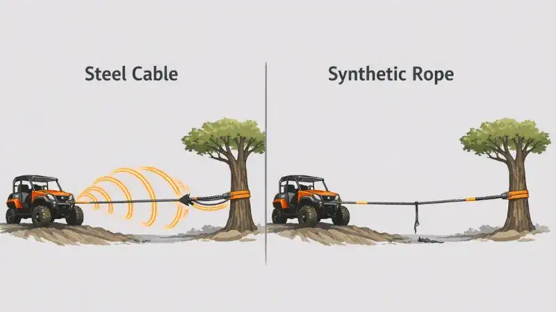 Steel cable vs synthetic rope recoil behavior during UTV winch recovery