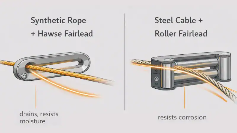 Synthetic rope hawse fairlead vs steel cable roller fairlead