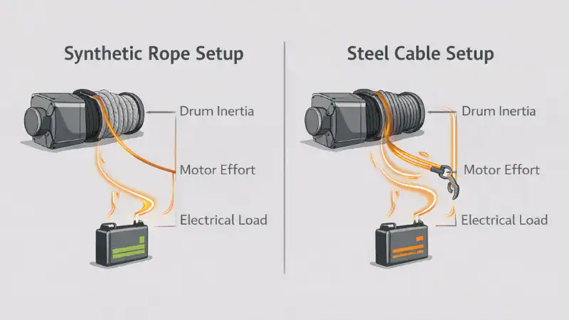 Synthetic rope vs steel cable effect on winch electrical load