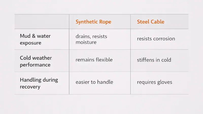 Synthetic rope vs steel cable performance in mud, cold, and handling