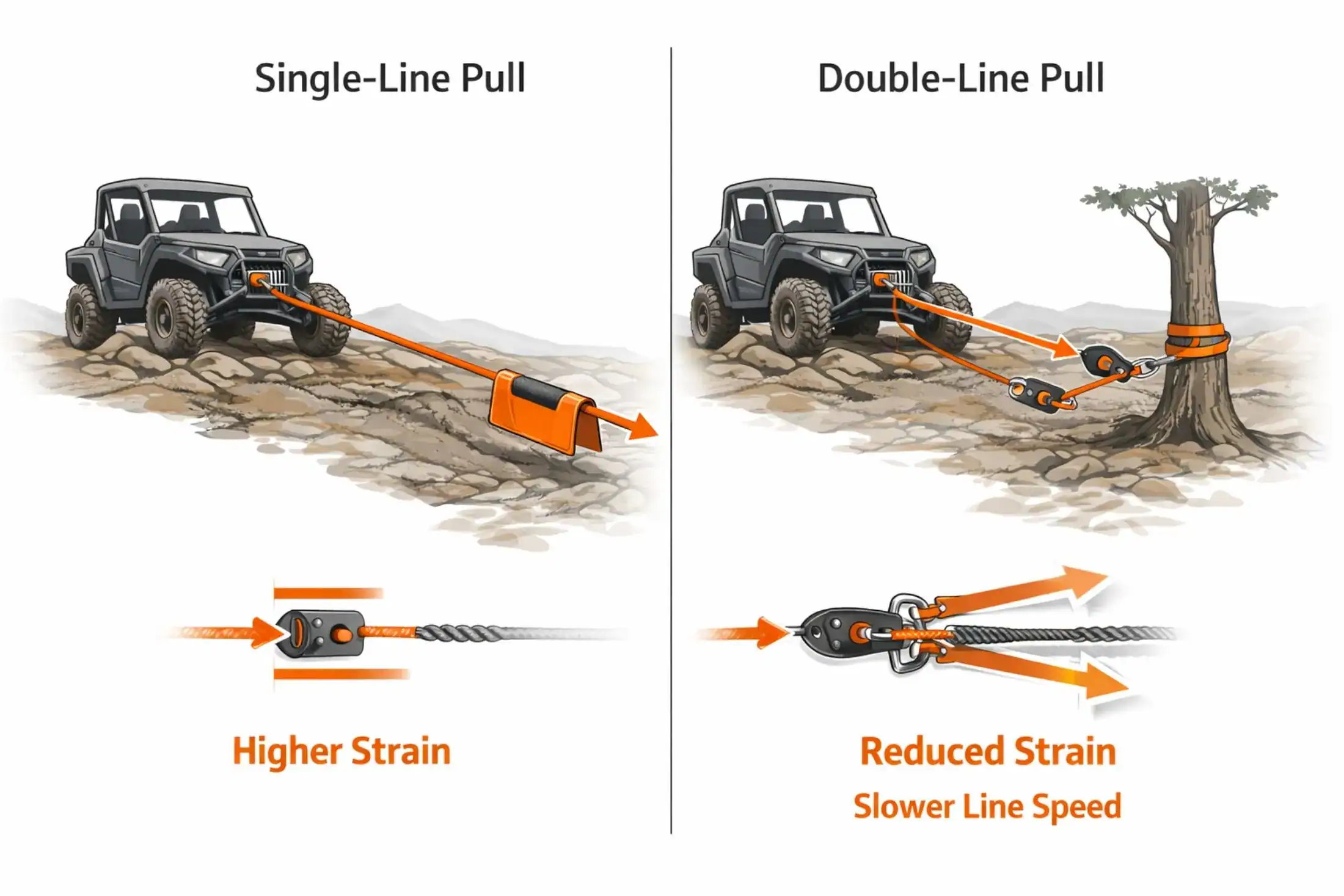 UTV winch line under tension with damper