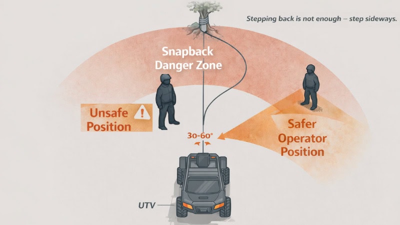Winch rope snapback danger zone and safe operator positioning