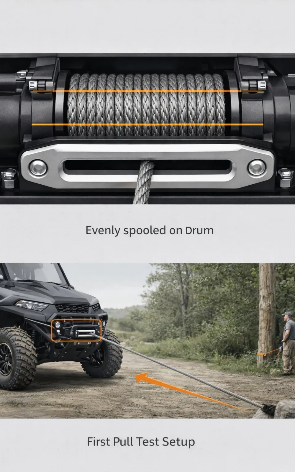 Winch rope spooling and test pull