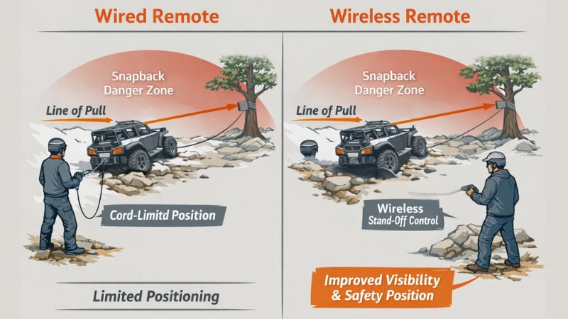 Wired vs wireless winch remote operator positioning during UTV recovery