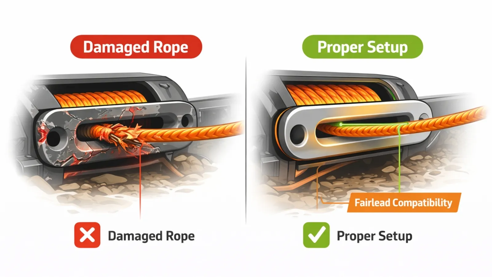 damaged vs properly spooled winch rope